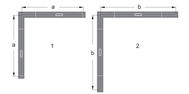 Douchegoot, 4965.10 / 4966.10, inbouwmogelijkheden met verbindingsstukken 90° voor L-variant