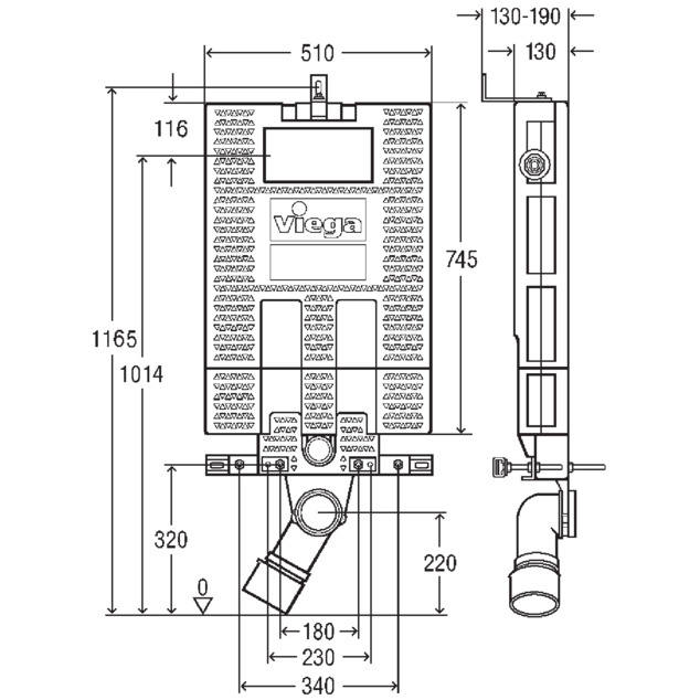 Viega Mono WC block, dimensional drawing, model 8310.2