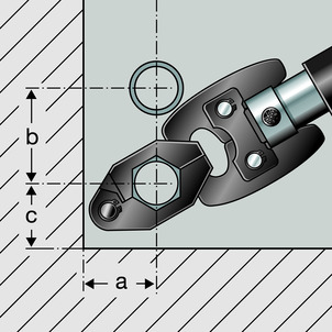 Cev, Sanpress Inox / Maxiplex / Megapress G / Megapress / Profipress / Prestabo / Sanpress Inox G / Sanpress / Seapress / Profipress S / Geopress / Profipress G, potreben prostor – hladno stiskanje s stiskalnimi obroči med cevjo in steno