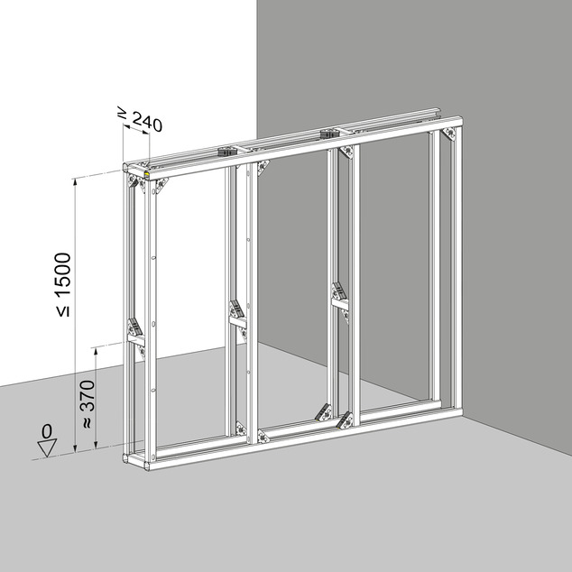 Steptec, installation dimensions, (half-height) room partition, one-sided connected