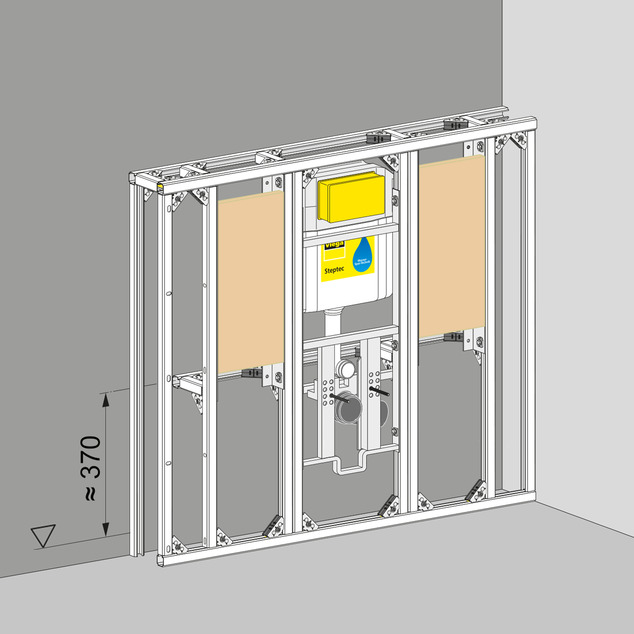 Steptec, installation dimensions, barrier-free mounting with additional wall and front rail